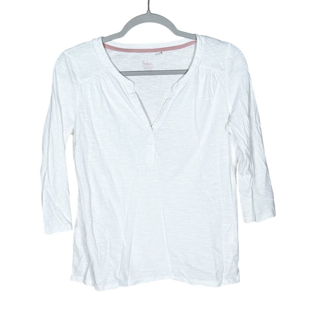 Boden Split Neck Top 3/4 Sleeve Tee Cotton White Size Small